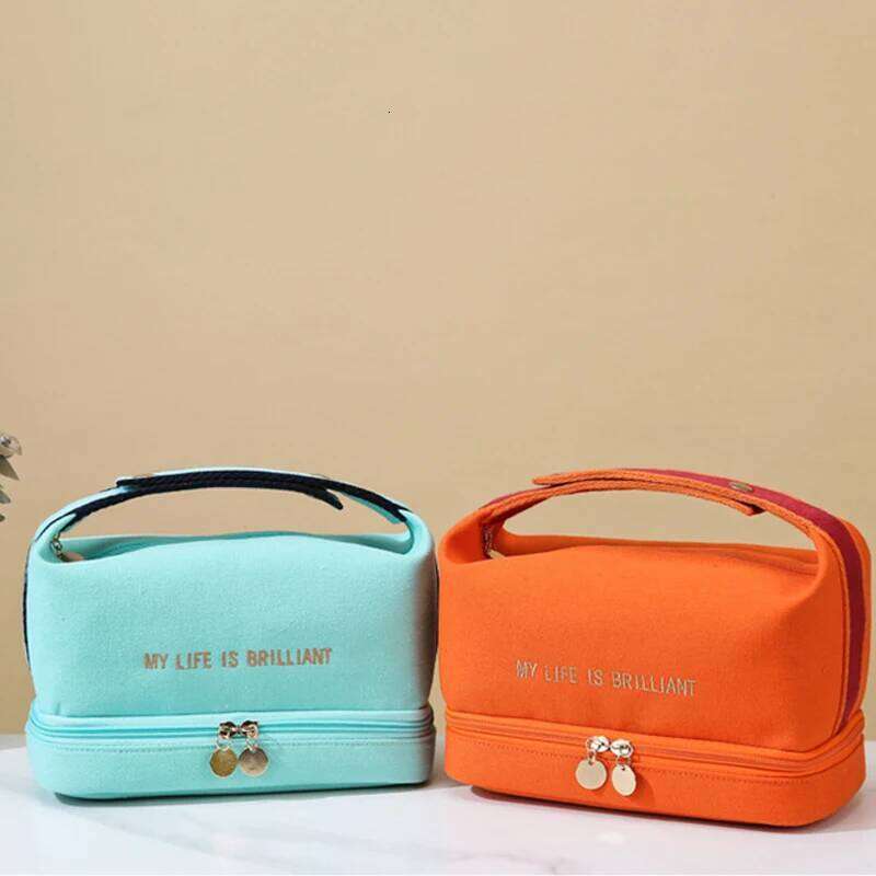 Ins Double Layer Waterproof Cosmetic Fashion Women Large Capacity Portable Canvas Travel Organizer Makeup Storage Tote Bag Y260206