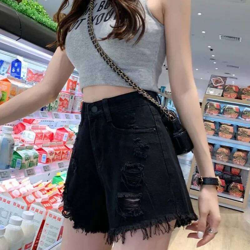 Y2k Short Jean Pants Clothing Ripped High Waist Denim Shorts for Women Wide Black Fashion Korean Hot New Harajuku Sexy XJ260206