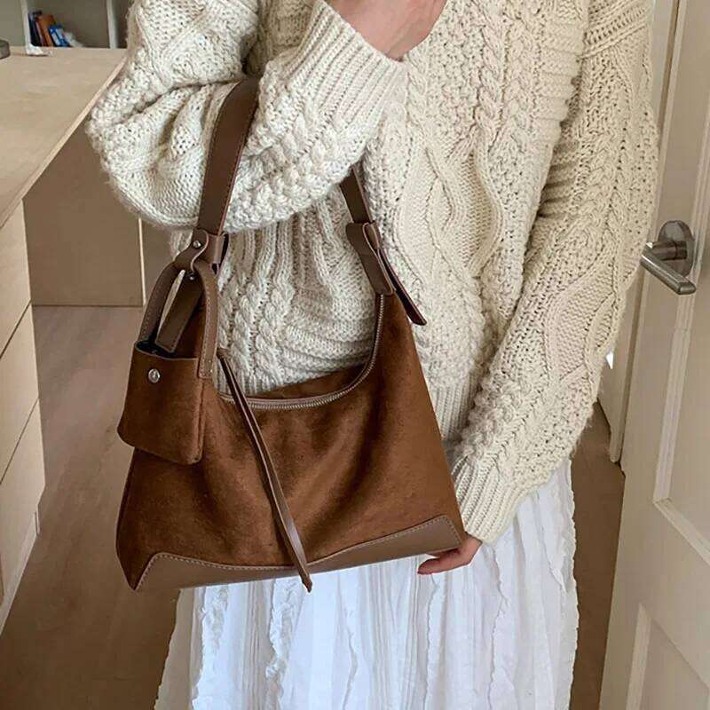 Korean Retro Pu Armpit Suede Tote Casual Commuting Women'S Large Capacity Shoulder Crossbody Bag Y260205