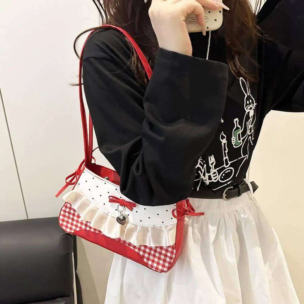 Sweet French Stick Handbag Black Contrast Color Plaid Bow Shoulder Bag Denim Blue Korean Style Cloth Underarm Bags Women Z260207 - view 4
