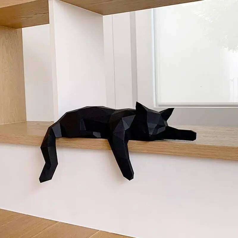 Black White Statue - Geometric Modern Room Figurine Sculpture For Home Office As Table Shelf Desk Decor Lying Cat S260204 d41