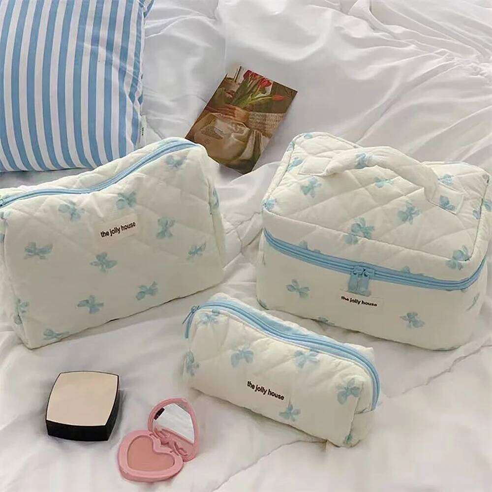 New Women Cosmetic Storage Cotton Quilted Bag Simple Bow Knot Lipstic Makeup Organizer Handbag Cute Large Capacity Zipper Bags Y260206
