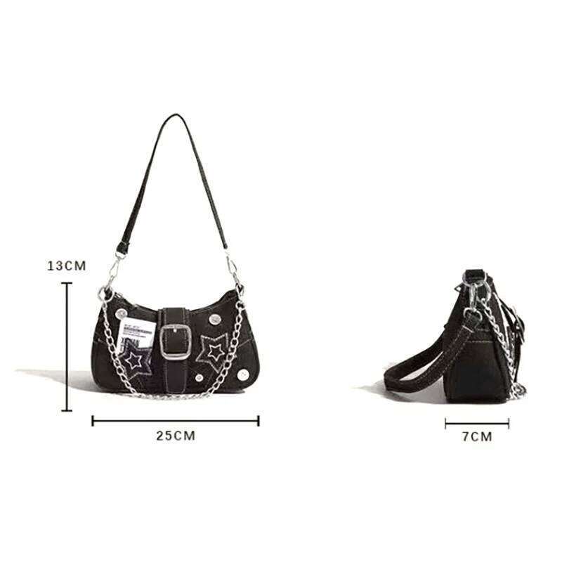 Fashion Women's Denim Stars Pattern Handbags Cool Girls Y2K Underarm Canvas Small Shoulder Chain Tote Bag Y260205