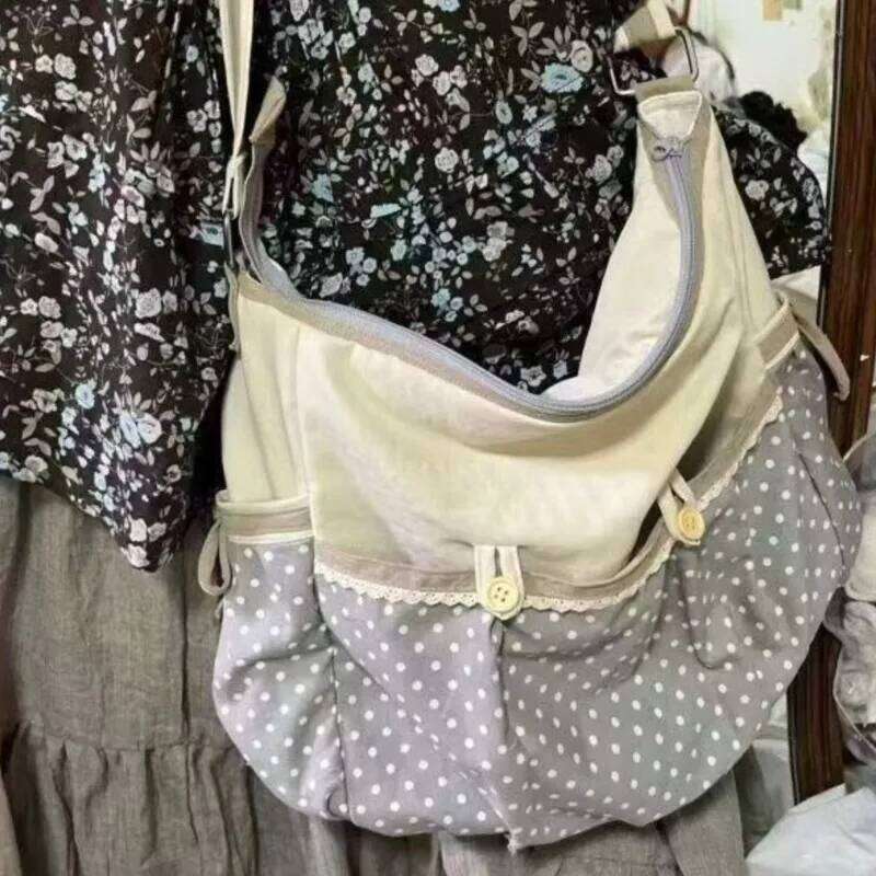 Japanese Retro Polka Dot Bow Tote Women Patchwork Large Capacity Shoulder Ladies Harajuku Sweet Cute Crossbody Bag Chic Y260205