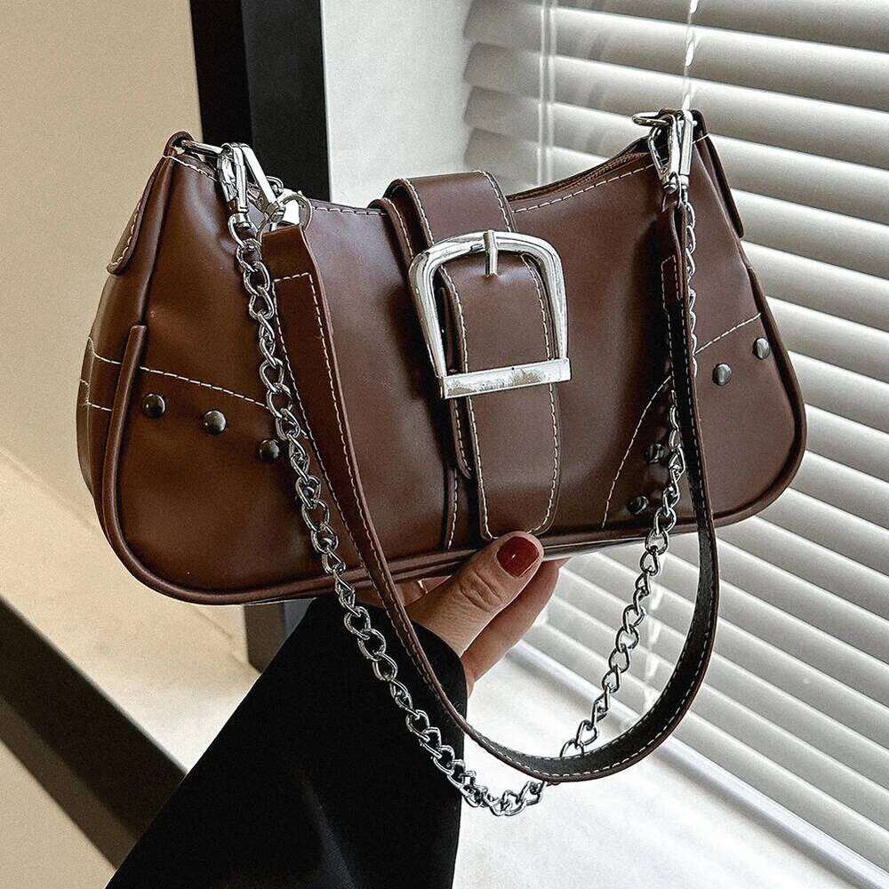 Women Armpit Fashion Cool Style Underarm Solid Color for Lady Girl Chic Large Bag with Chain Ornament Y260205