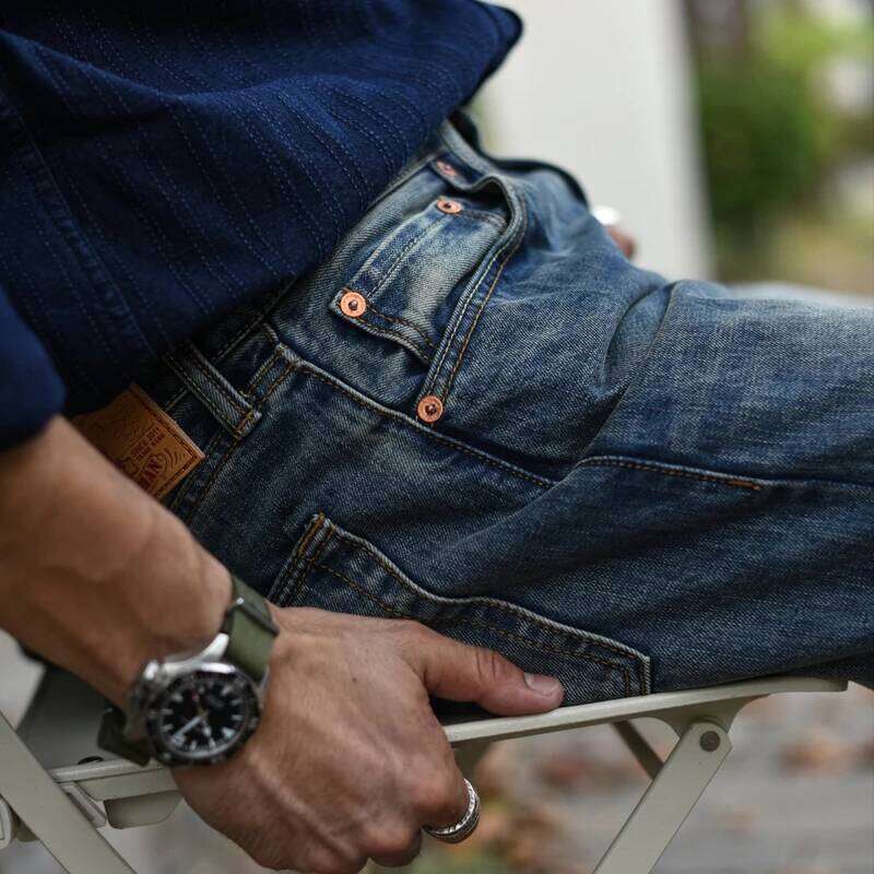 Sauce Zhan 308XX-SX01 Selvedge Denim Distressed Wash Jeans for Men Straight Fit and Slightly Slim 14.8 Oz X260207
