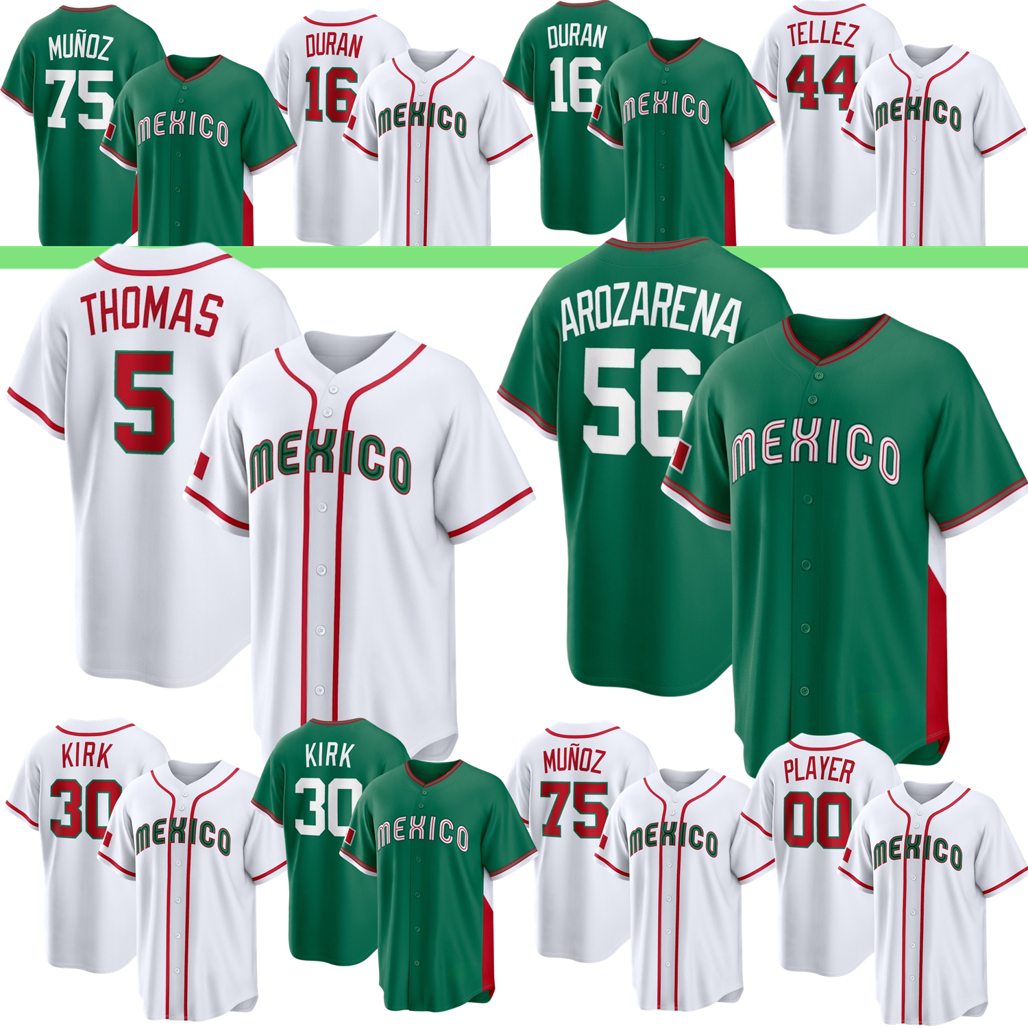 Team Mexico 2026 WBC World Baseball Classic Jersey #56 Randy Arozarena #5 Alek Thomas Jarren Duran Alejandro Kirk Andres Munoz Rowdy Tellez Size S-3XL