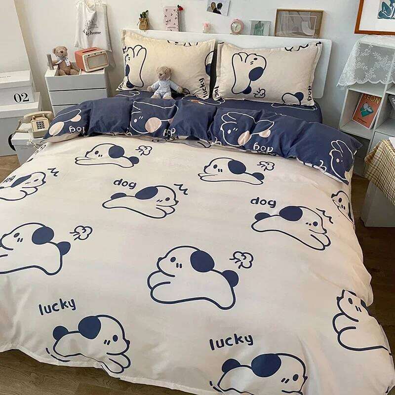Kawaii Whale Printed Floral Duvet Pillowcase Bedding Set Cute Dog Bed Linen Sheet Quilt Cover Full Queen King Size XJ260206