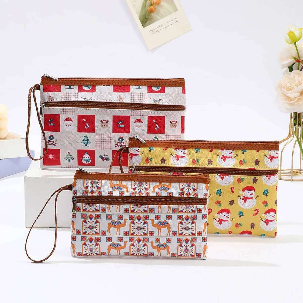 Large Korean style zipper PU makeup bag Fashionable printed women's handbag Portable key waterproof coin purse Y260206