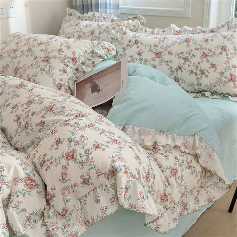 Y1 HomeIns Style Korean Princess Washed Cotton Four Fresh Lace Duvet Cover Set, Sheet Three Piece Set on the Bed XJ260206