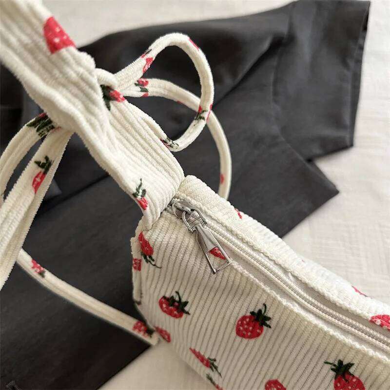Women Small Underarm Bag Corduroy Handbag Cute Strawberry Print Little Tote Half Moon Design Eco Cloth Purse Mini Shoulder Bags Z260207 - view 5