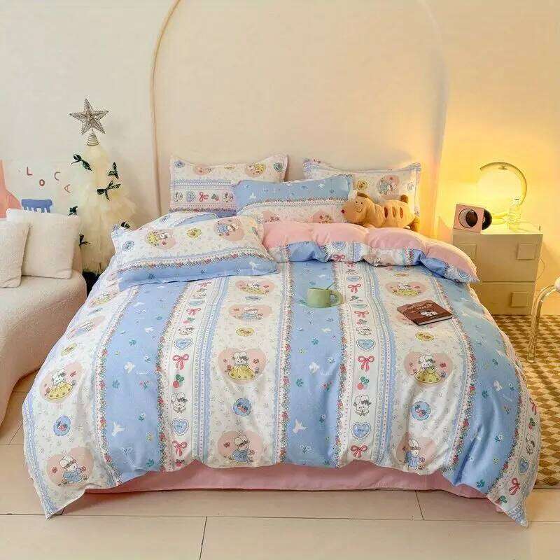 Cute Rabbit Bedding Set New No Filler Ins Floral Duvet Flat Sheet Pillowcases Twin Queen Size Girls Boys Comforter Cover XJ260206