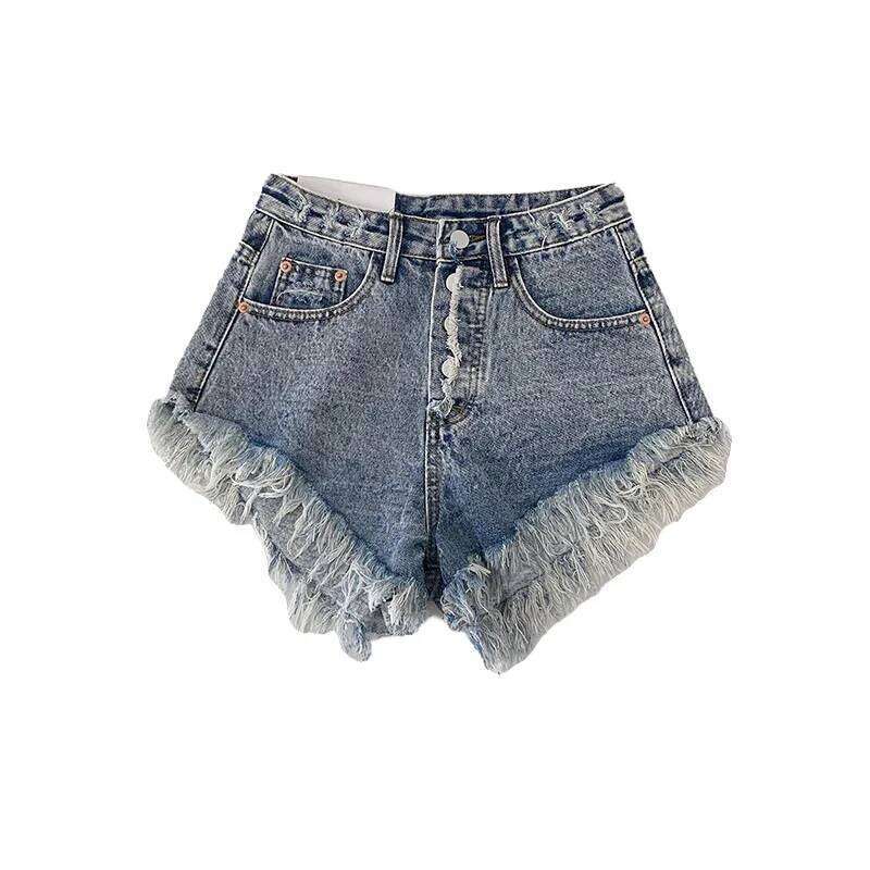 Button Tassel Edge Denim for Women's Summer High Waisted Gradient Wide Leg Pants Jeans Y2k Shorts XJ260206