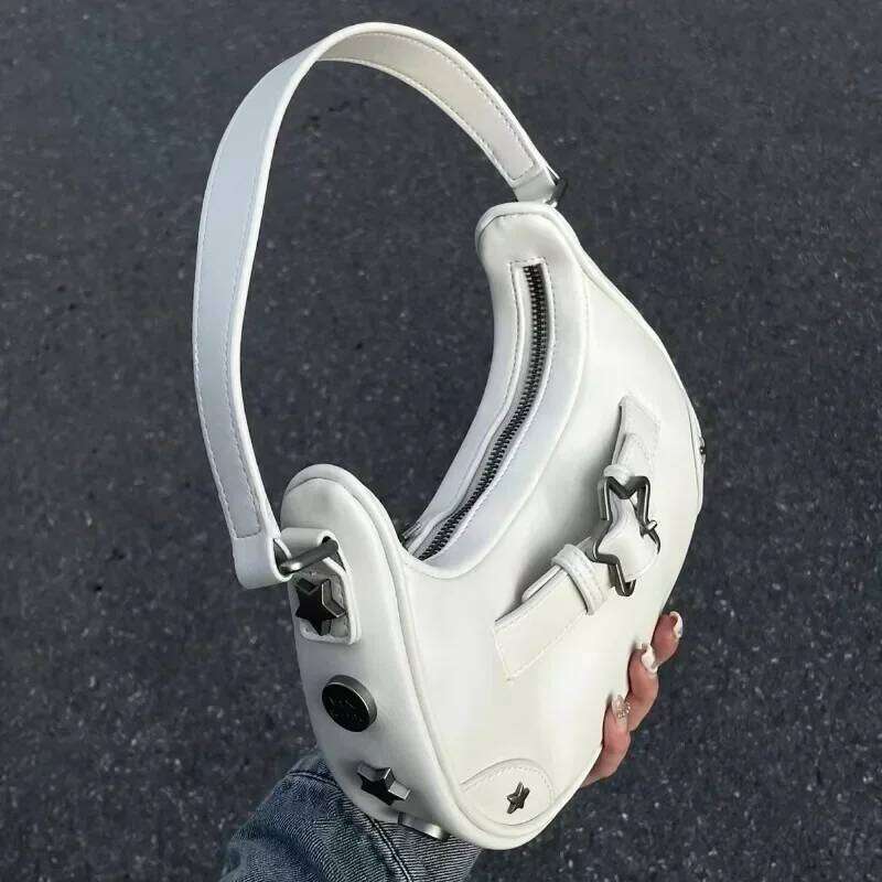 Vintage Korean Casual Cute White Star Shoulder Underarm Tote Bag Ladies Sling Bags Leather Zip Purses Handbags Women Y260205