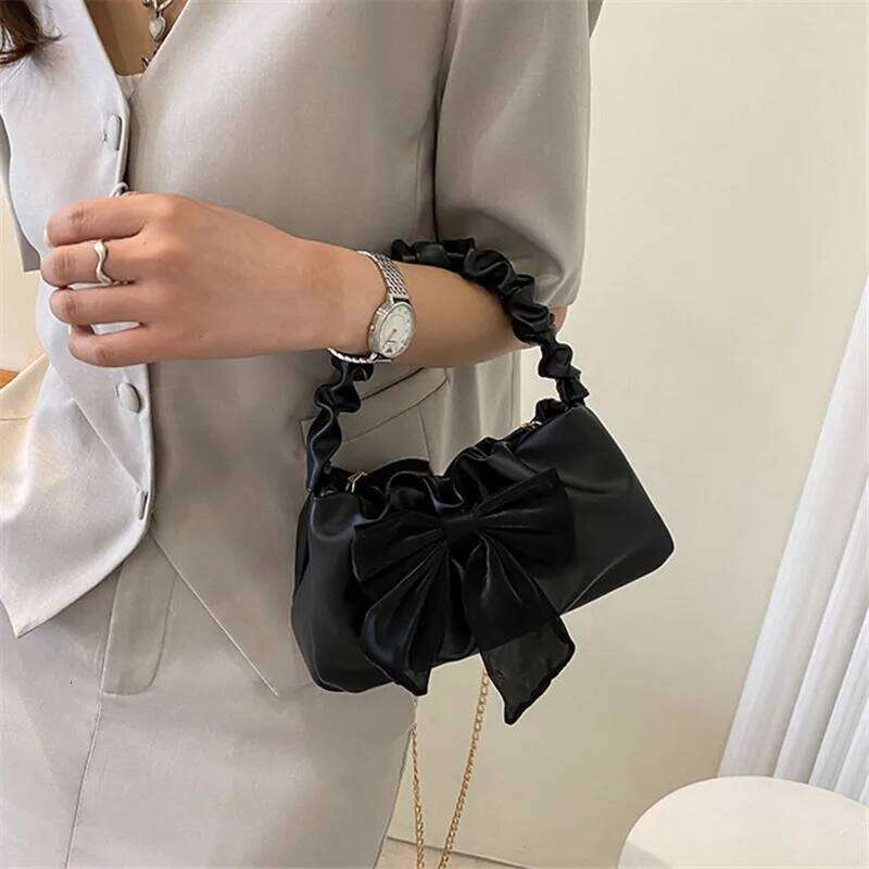 Bow Accented Ruched Tote Bag, Retro Chic Chain Crossbody Bags for Women Mini Crossbody/handbag Purse, Trendy Cloud Shoulder Bag Y260205