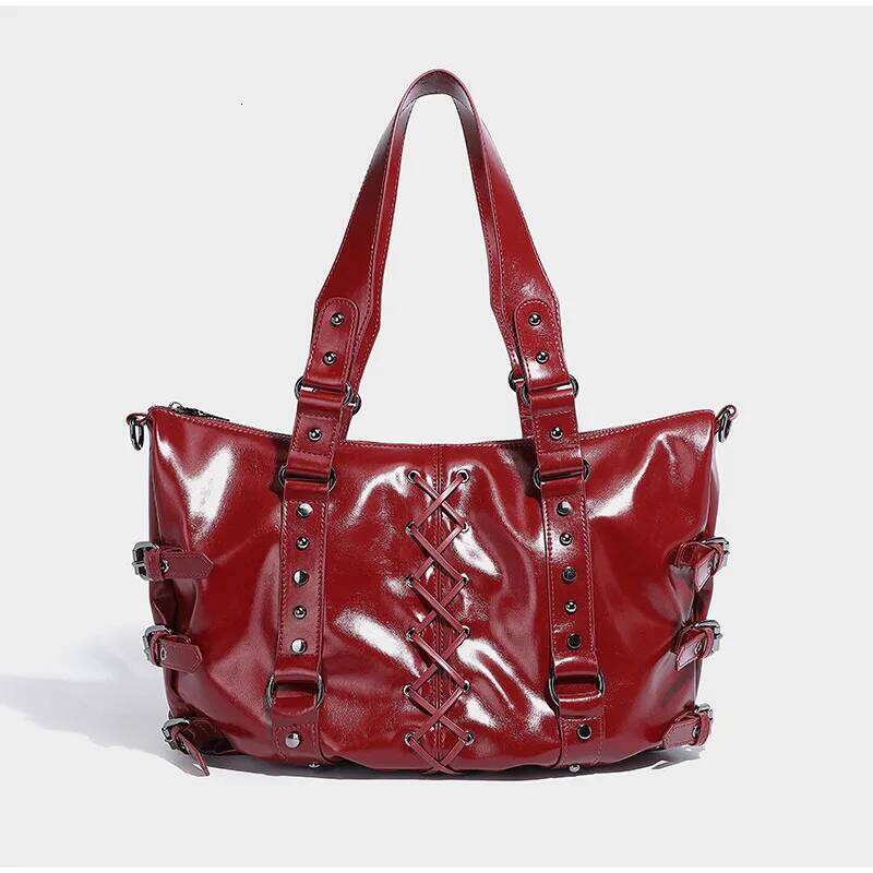 Rivet Decor Design Vintage Denim Women's Handbag Fashion High End Lace-up Punk Motorcycle Ladies Large Capacity Travel Bag Y260205