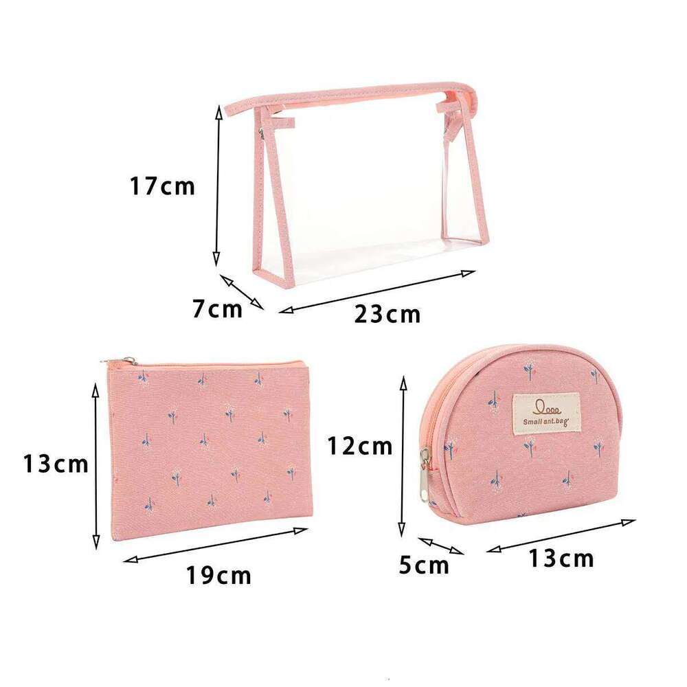 Transparent PVC canvas makeup Redwood and cotton three piece wash set Portable travel ladies' storage bag Y260206