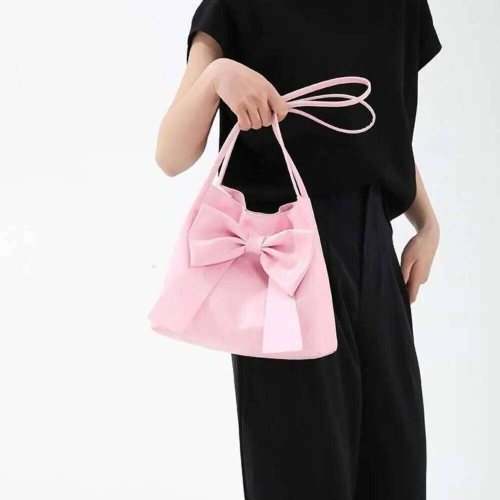 Simple Solid Color PU Bow Shoulder Bucket Korean Style INS Tote Luxury Portable Fashion Underarm Bag Women Y260205
