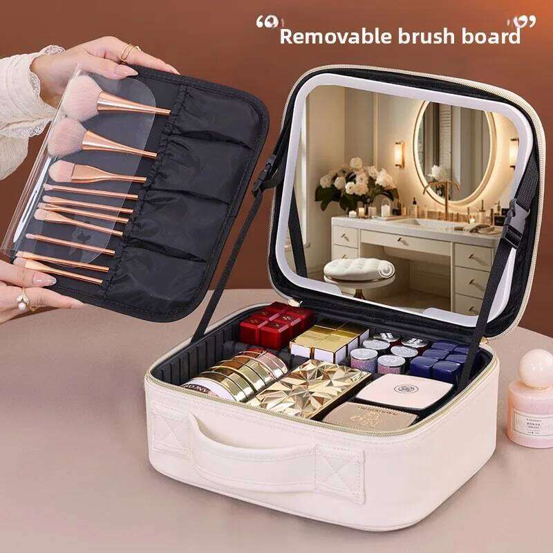 Cross-border High Aesthetic ValueLEDLight Strip Mirror Makeup Case Large Capacity Travel Portable Handheld Cosmetic Storage Bag Y260206