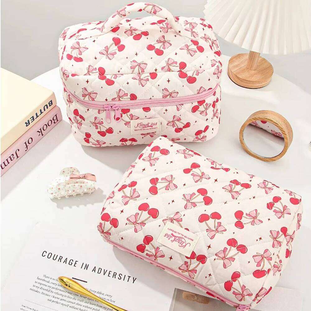 Fashion Cherry And Bow Pattern Large Capacity Heart Travel Cosmetic Storage Bag Zipper Makeup Organizer Pouch Y260206