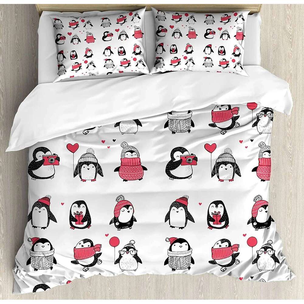 Winter Bedding For Bedroom Bed Home Cute Penguins Hand Drawn Style Set Merry Christma Duvet Quilt Cover And Pillowcase XJ260206