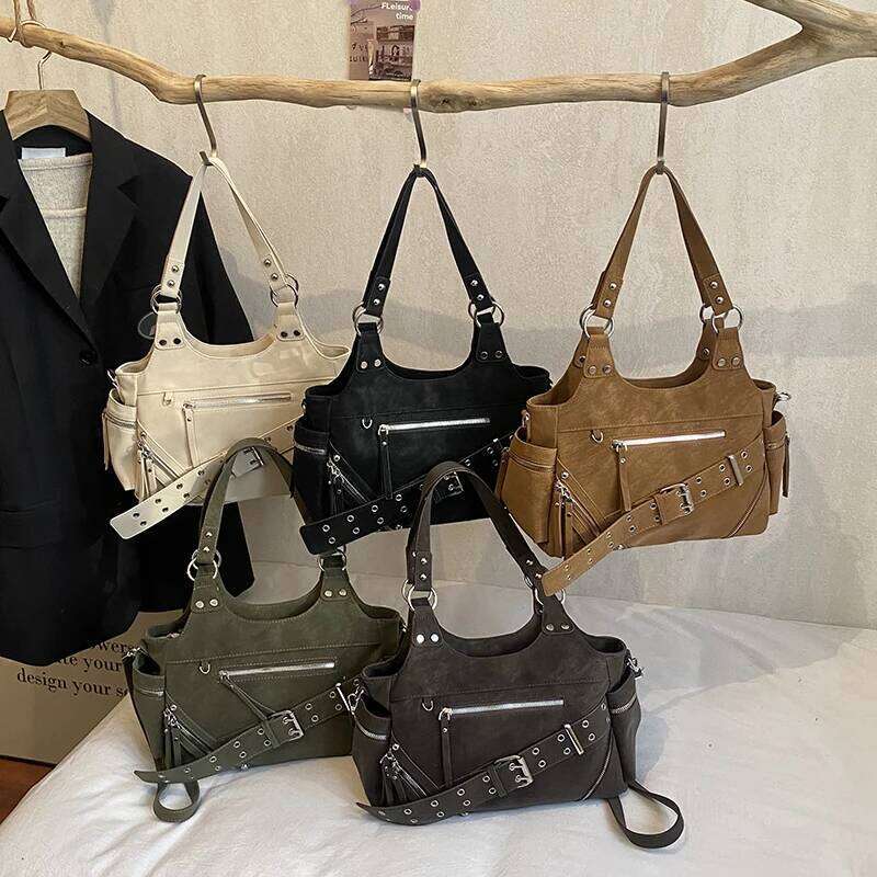 Solid Color Zipper Buckle Casual Tote 2026 High Quality Motorcycle Style Durable Commuting Cool Shoulder Bags Y260205