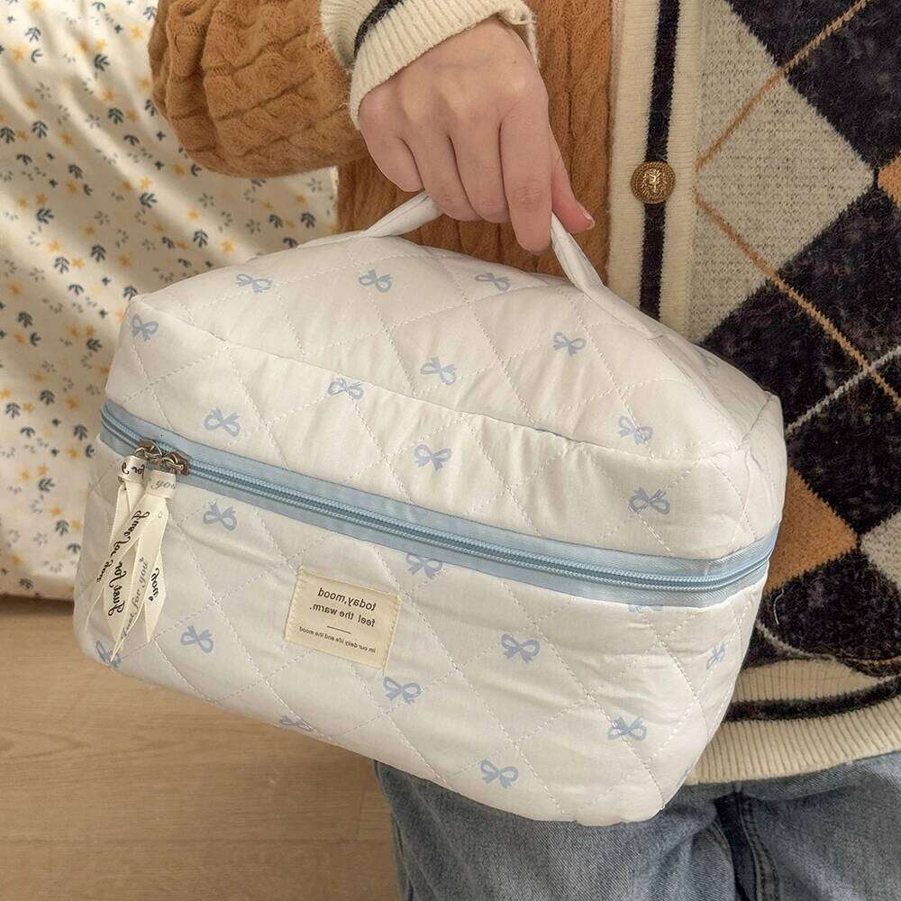 Blue Bow Quilted Women Cosmetic Bag Sets Large Capacity Makeup Handbag Travel Pouch 3 Type Ladies Zipper Organizer for Bags Y260206