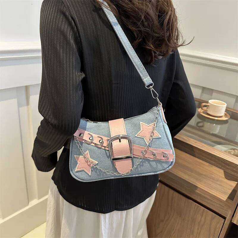 Y2k Hot Girls Denim Shoulder Bags Retro Rivet Star Women's Underarm Portable Female Chain Armpit Bag Small Purse Handbags Y260205