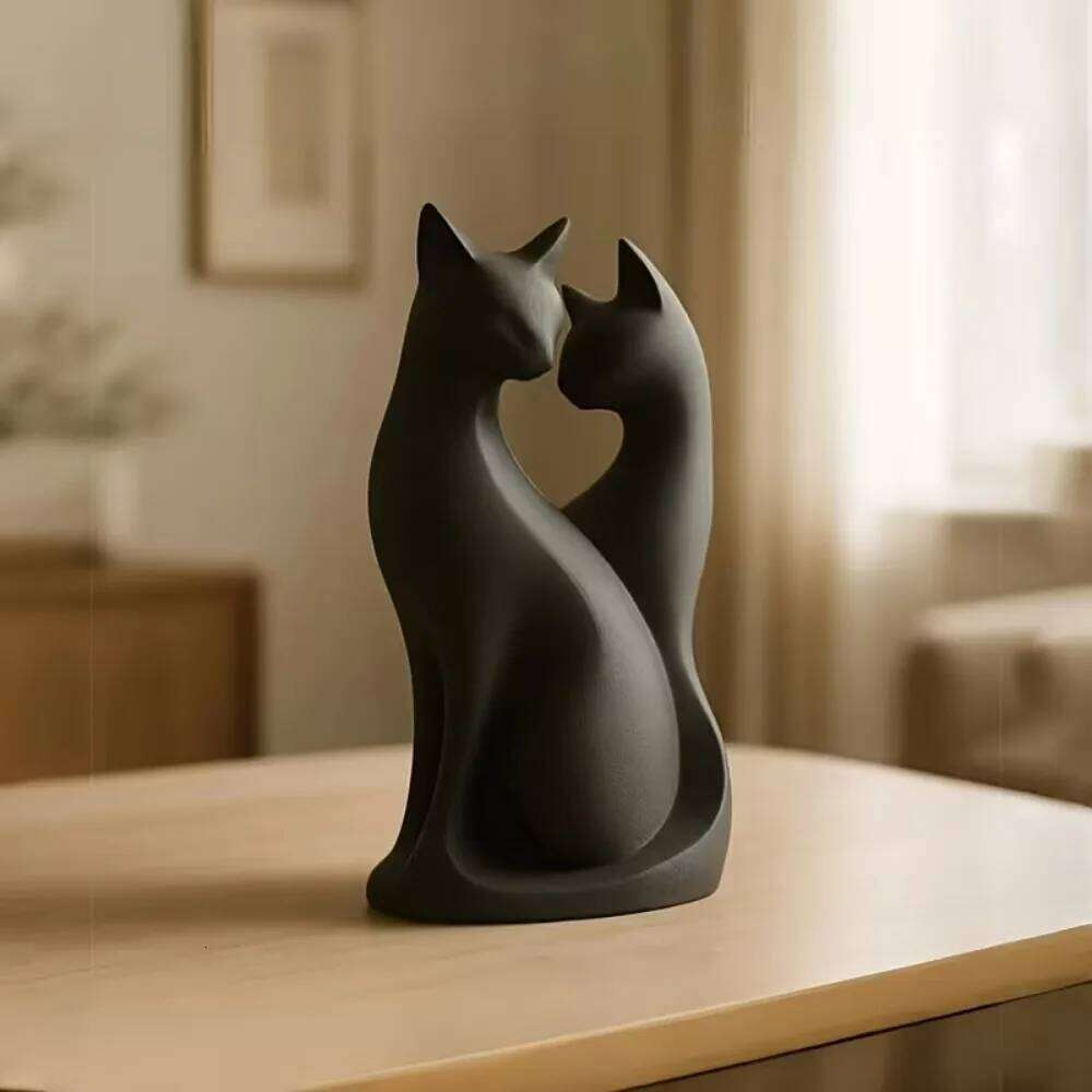3D Printed Couple Cat Statue - Cute Black Abstract Modern Home, Valentine's Day Gift Suitable for Office Desk Decoration S260204