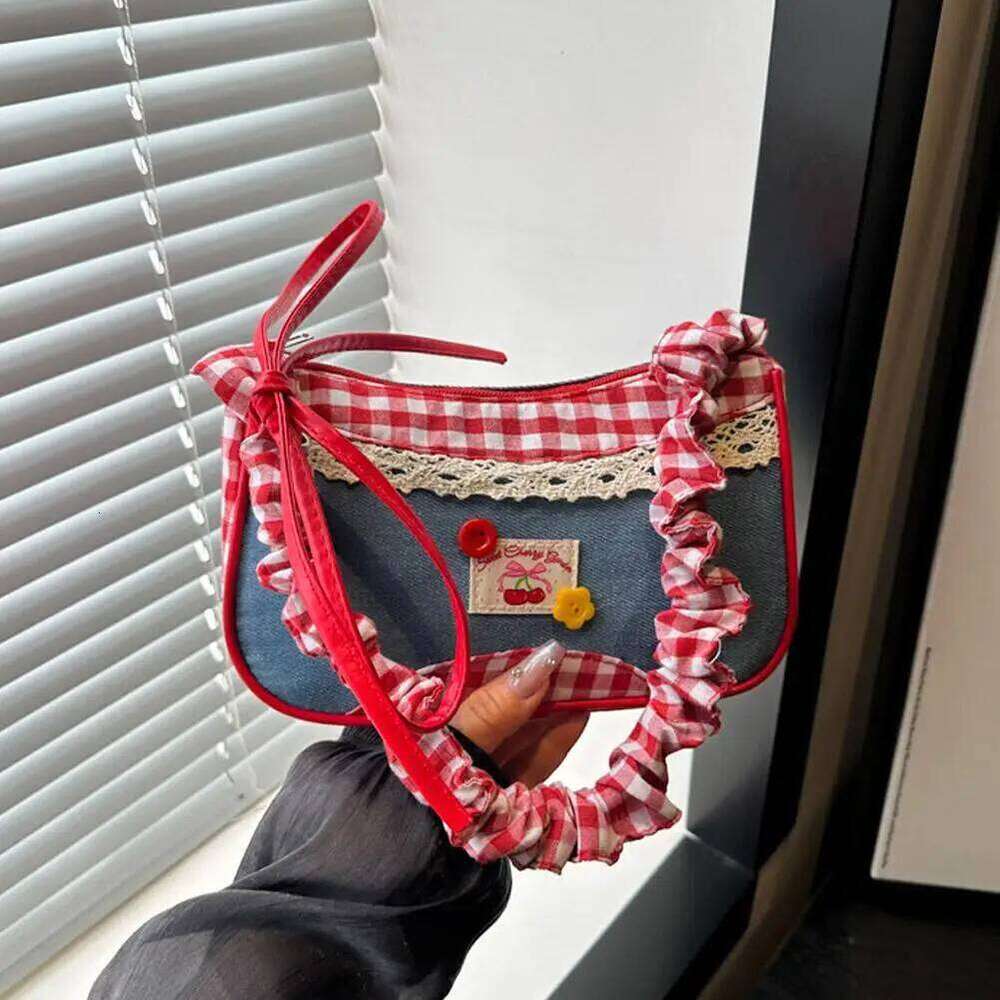 Woman Fashion Lattice Shoulder Bow Denim Lovely Underarm Bag Pleated Drawstring Design Daily Commuting Handbag Z260207 - view 4