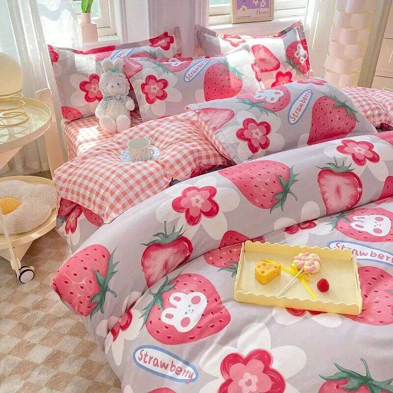Cute Cartoon Bedding Set New No Filler Ins Soft Duvet Flat Sheet Pillowcases Twin Queen Size Girls Boys Comforter Cover XJ260206