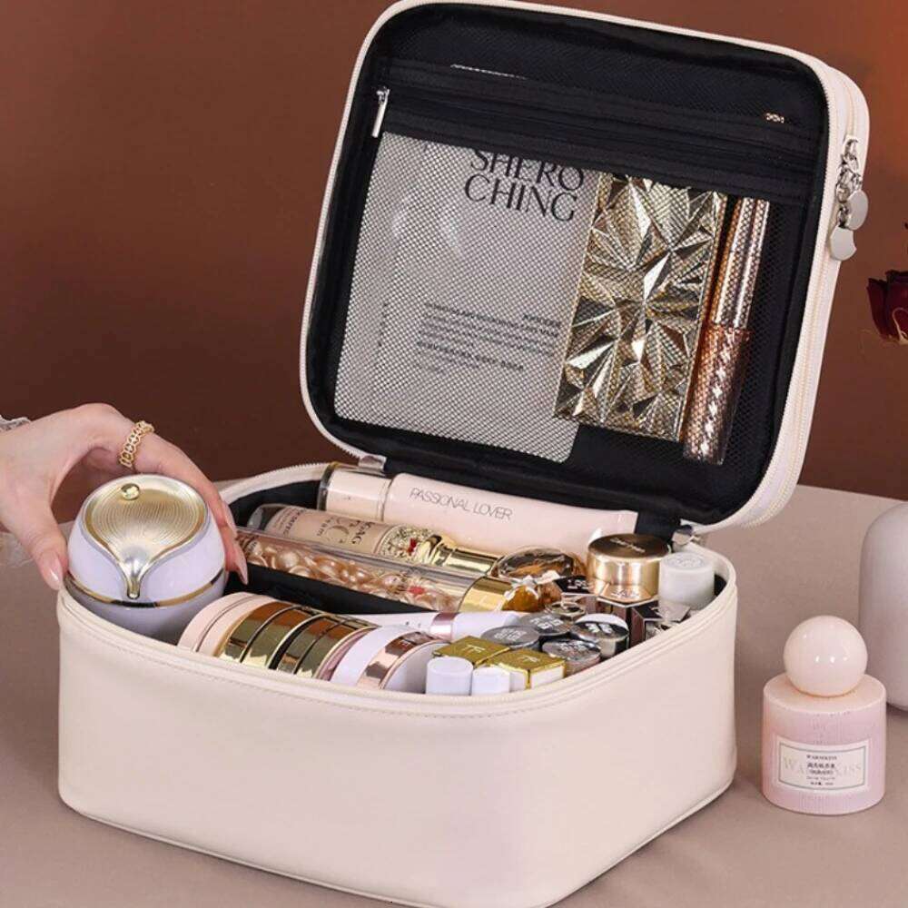 Pu Leather Fashion Women Travel Tote Large Capacity Organizer Cosmetic Toiletry Pouch Double Layer Makeup Bag Y260206
