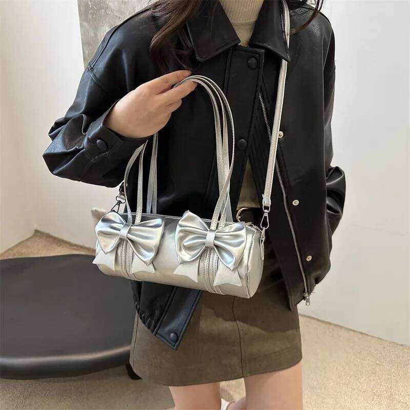 Elegant Bow Women's Small Pillow Handbags Pu Leather Ladies Shoulder Underarm Bags Barrel-shaped Purse Female Tote Crossbody Bag Y260205