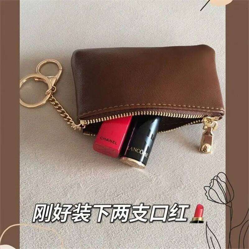 Small zipper change retro oil wax leather women's card thin key bag, red envelope, car keychain. Y260206