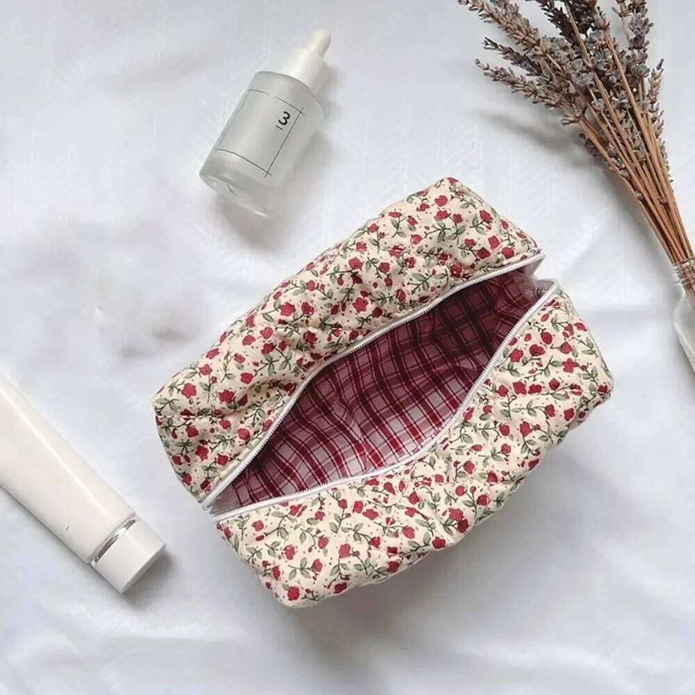 Fashion Floral Puffy Quilted Makeup Bag Travel Cosmetic Jewelry Storage Organizer Handbag Pouch Large Capacity Make Up Bags Y260206