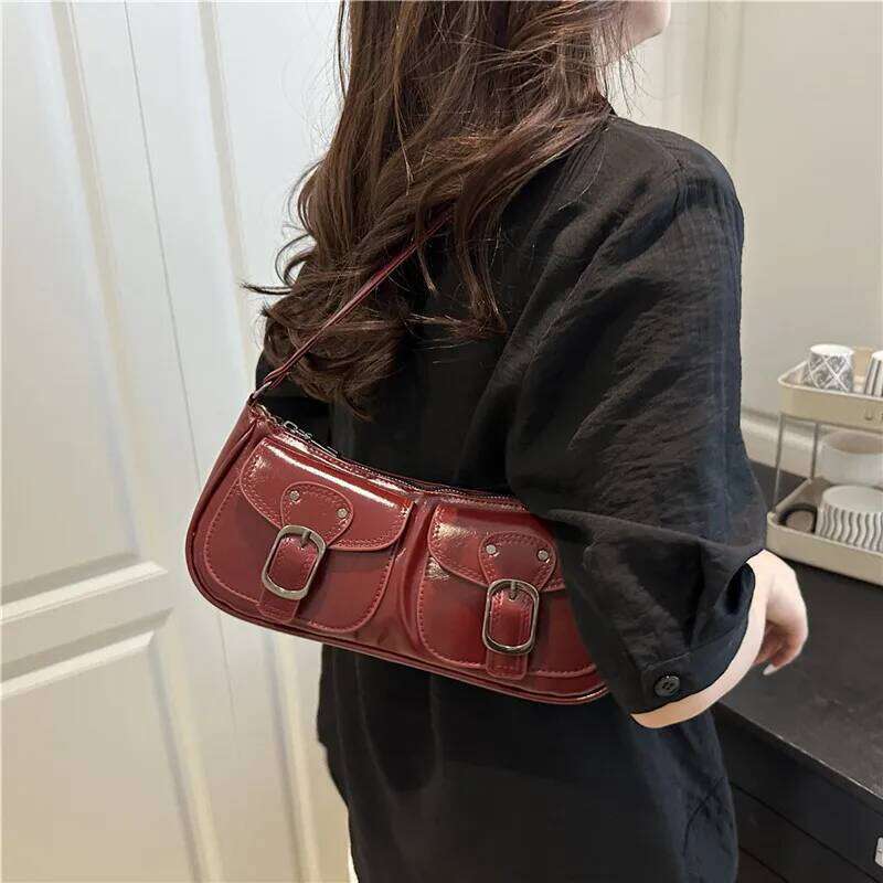 Fashion Pu Leather Women's Shoulder Bag Small Double Pocket Design Ladies Underarm Bags Y2k Vintage Female Handbags Clutch Purse Y260205