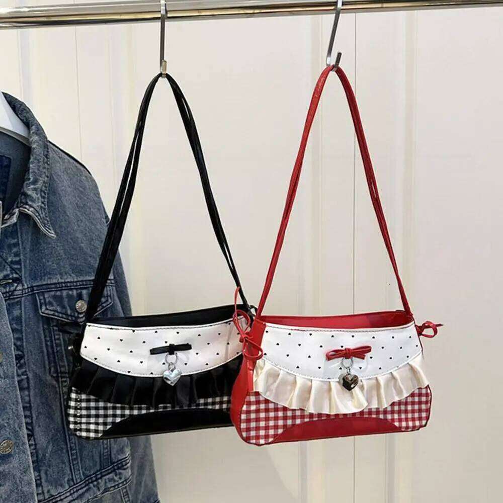 Sweet French Stick Handbag Black Contrast Color Plaid Bow Shoulder Bag Denim Blue Korean Style Cloth Underarm Bags Women Z260207 - view 7