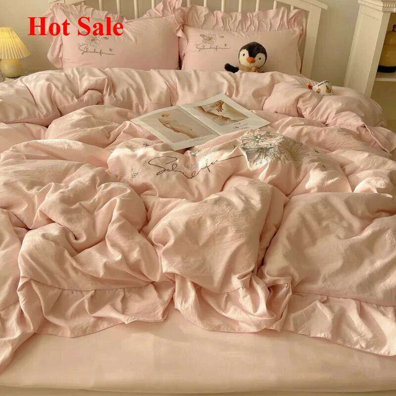 2025 lace embroidery small fresh and cute girl heart four-piece set washed cotton summer sheet quilt cover bed hat XJ260206