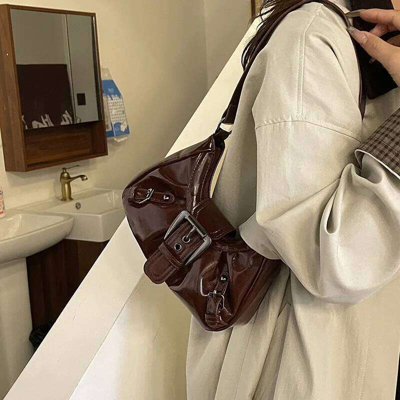 Belt Pleated Design Women PU Leather Shoulder Bags Y2K Style Simple Ladies Underarm Bag Casual Trendy Female Handbags Purse Y260205