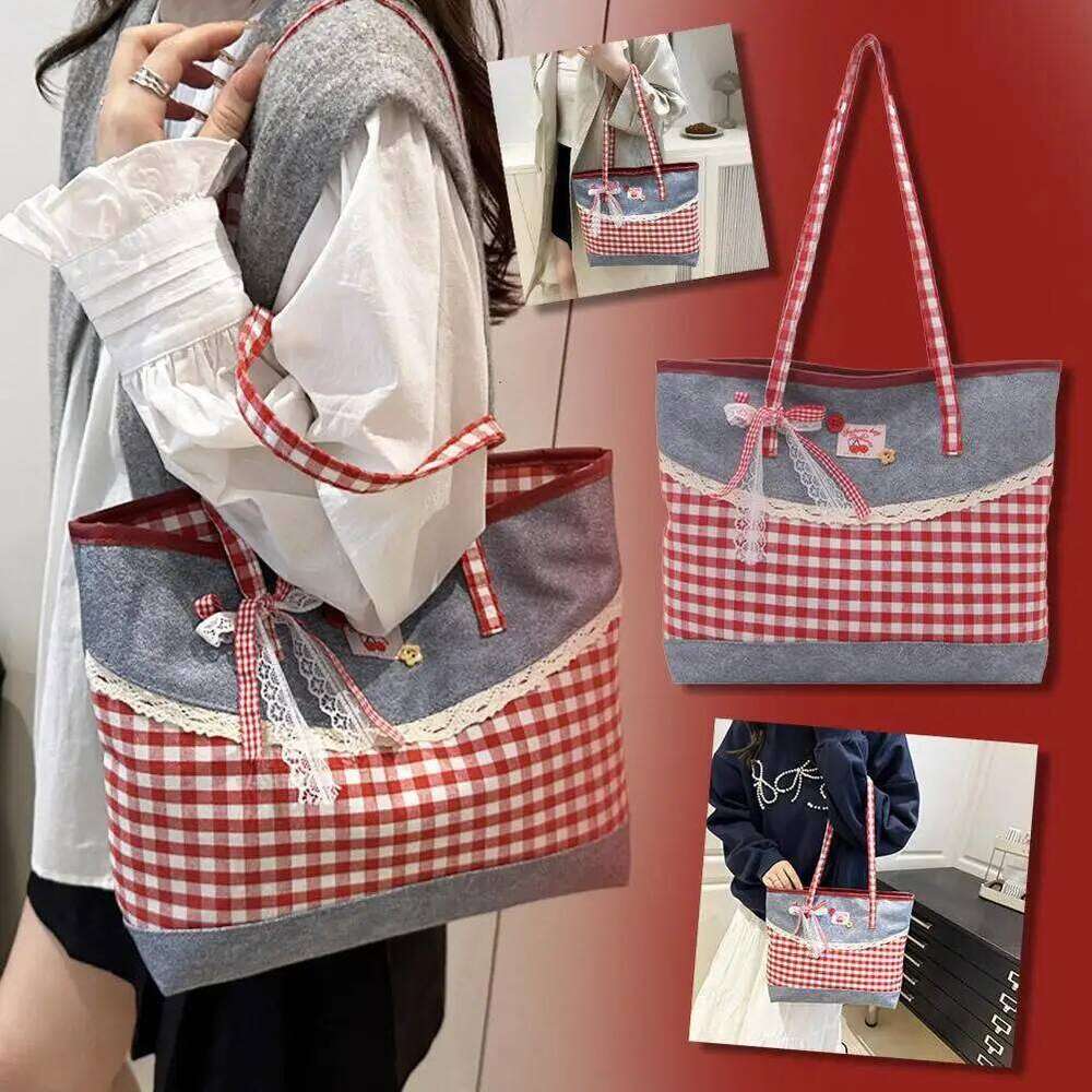 Retro Lattice Lace Bow Shoulder Lovely Rural Style Denim Plaid Handbag Leisure Vintage Commuting Tote Bag Women Z260207 - view 5