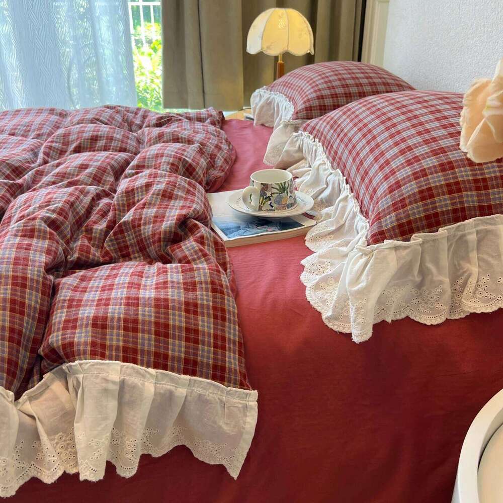 Plaid Bedding Vintage Lace Ruffles Duvet Cover Flat Sheets 2 Pillowcases Single Twin Full Queen Size Bed Set 3/4Pcs XJ260206