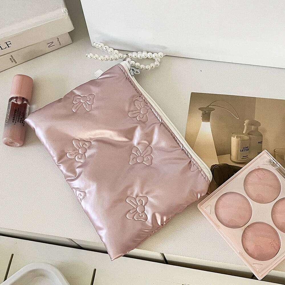 Fashion Bow Women Pearl Zipper Makeup Portable Coins Lipsticks Cosmetic Storage Pouch Purse Ladies Mini Bag Y260206