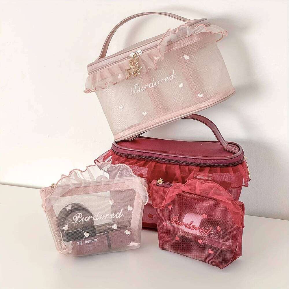 1pc Purified Red Mesh Makeup Bag with Ruffle Detail Love Embroidery Cute Portable Cosmetic Organizer for Girls Toiletry Pouch Y260206
