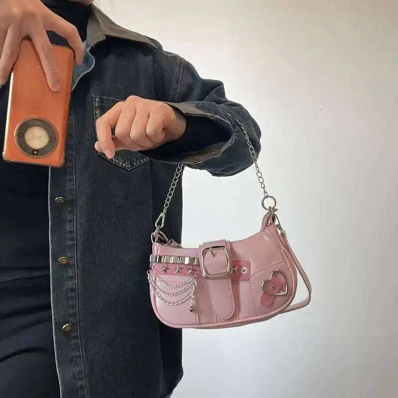 Y2k Women's Korean Style Shoulder Bag with Detachable Chain Strap Star Accents Zipper, PU Crossbody Bag, Versatile Travel Purse Y260205