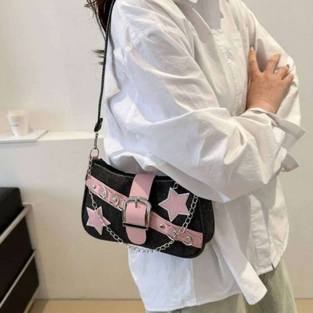 Y2k Women's Handbags Stars Pattern Cool Girls Underarm Bag Fashion Female Small Shoulder Bags Chain Tote Purses Y260205