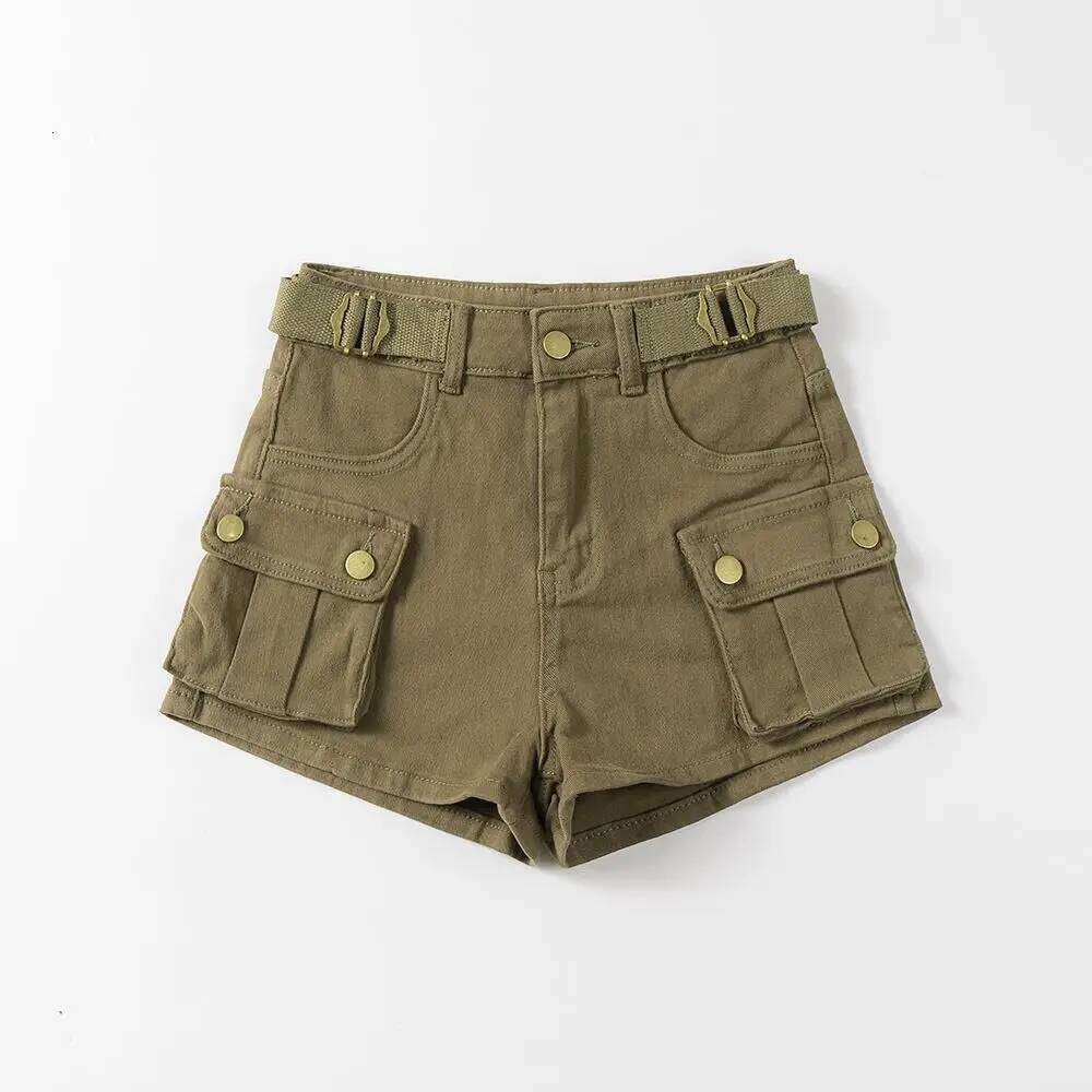 American Vintage Belt Trim High Waist Large Pockets Cargo Women A-line Long Legs Khaki Casual Shorts Hot Short Pant Chic XJ260206