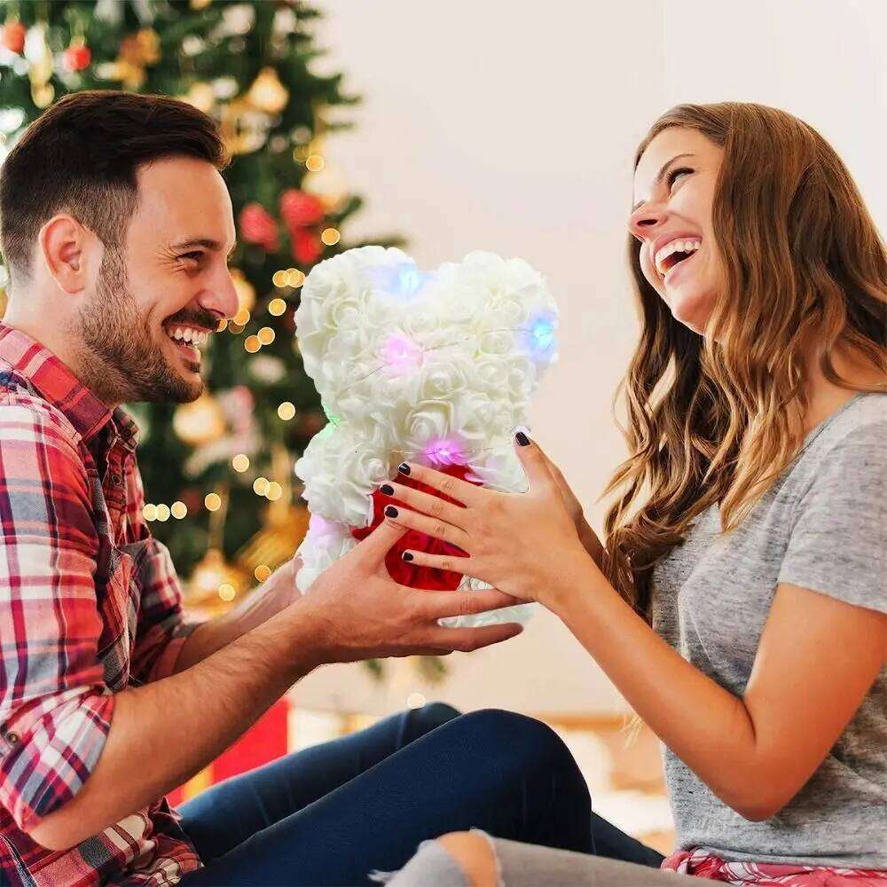 28cm Artificial Teddy Rose Multicolors with LED Strip Flower Romantic Valentines Day Gift Girlfriend Women Anniversary Bear S260204