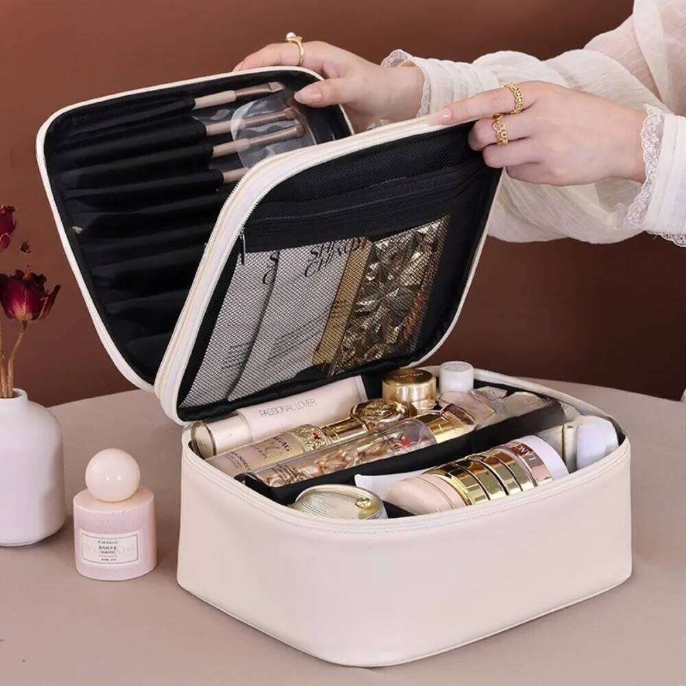 Pu Leather Fashion Women Travel Tote Large Capacity Organizer Cosmetic Toiletry Pouch Double Layer Makeup Bag Y260206