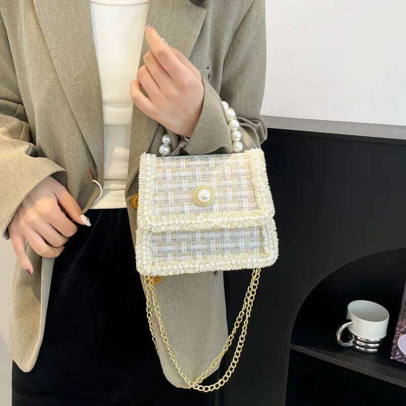 Elegant Beading Chain Ladies Handbags Fashion Plaid Women's Shoulder Bags Small Square Crossbody Bag Simple Female Tote Purse Y260205