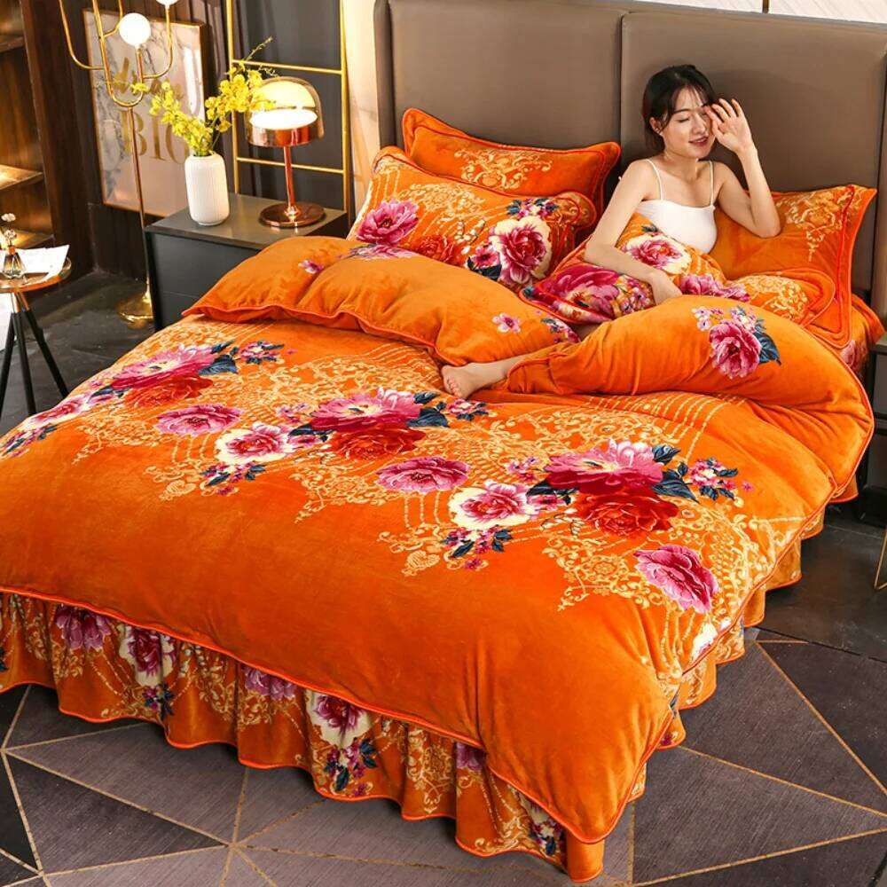 Milk Bedding Set Home Winter Warm Four-Piece Sets Double-Sided Thickened Flannel Quilt Cover Sheet Coral Velvet Bed Skirt XJ260206